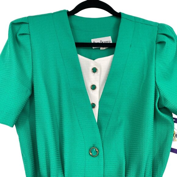 Vintage Peri Petites 80s Dress Kelly Green 14 Button Front Belted Pockets USA - Picture 3 of 12